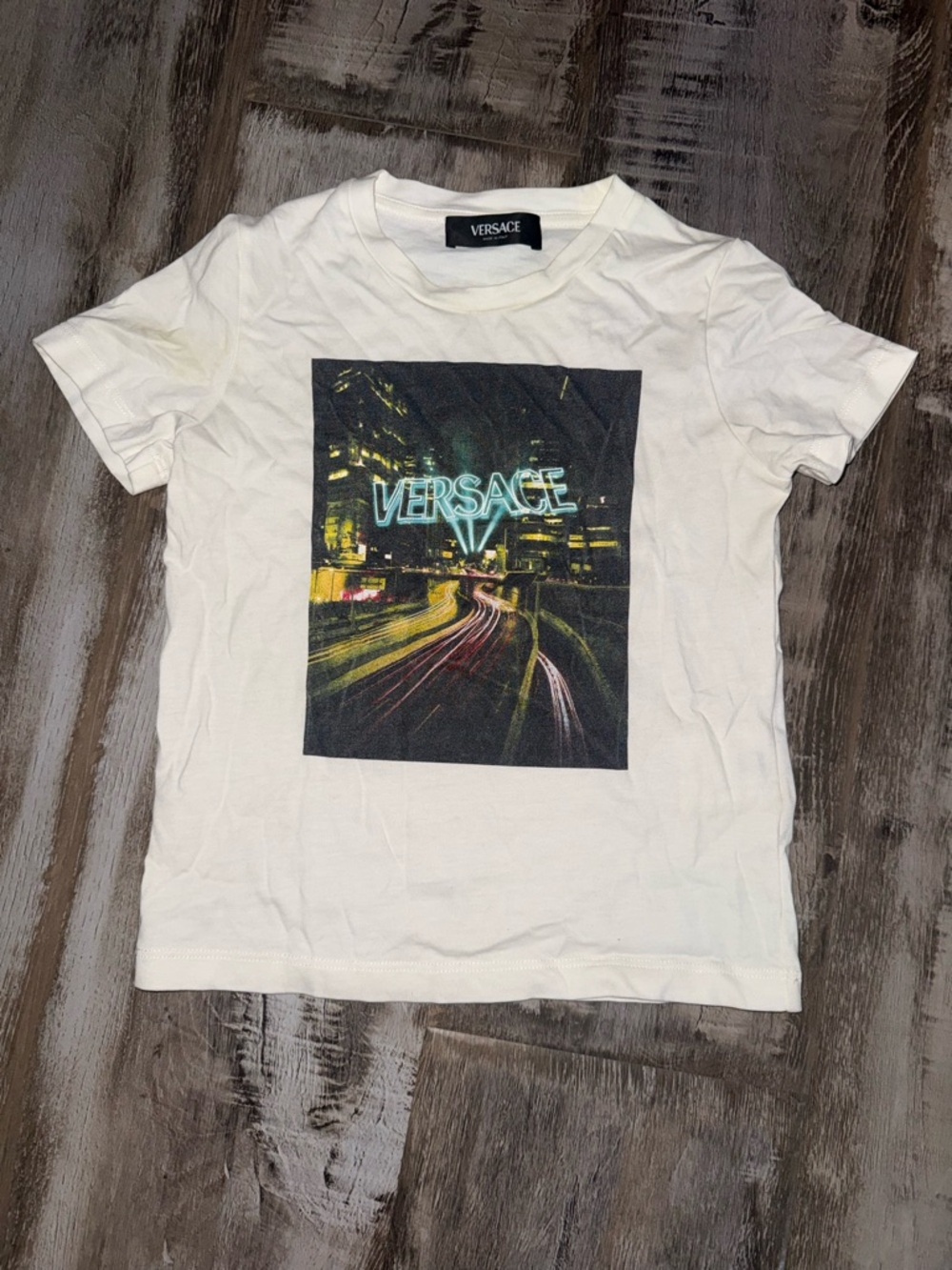 Versace White Tee with Neon City Logo Print